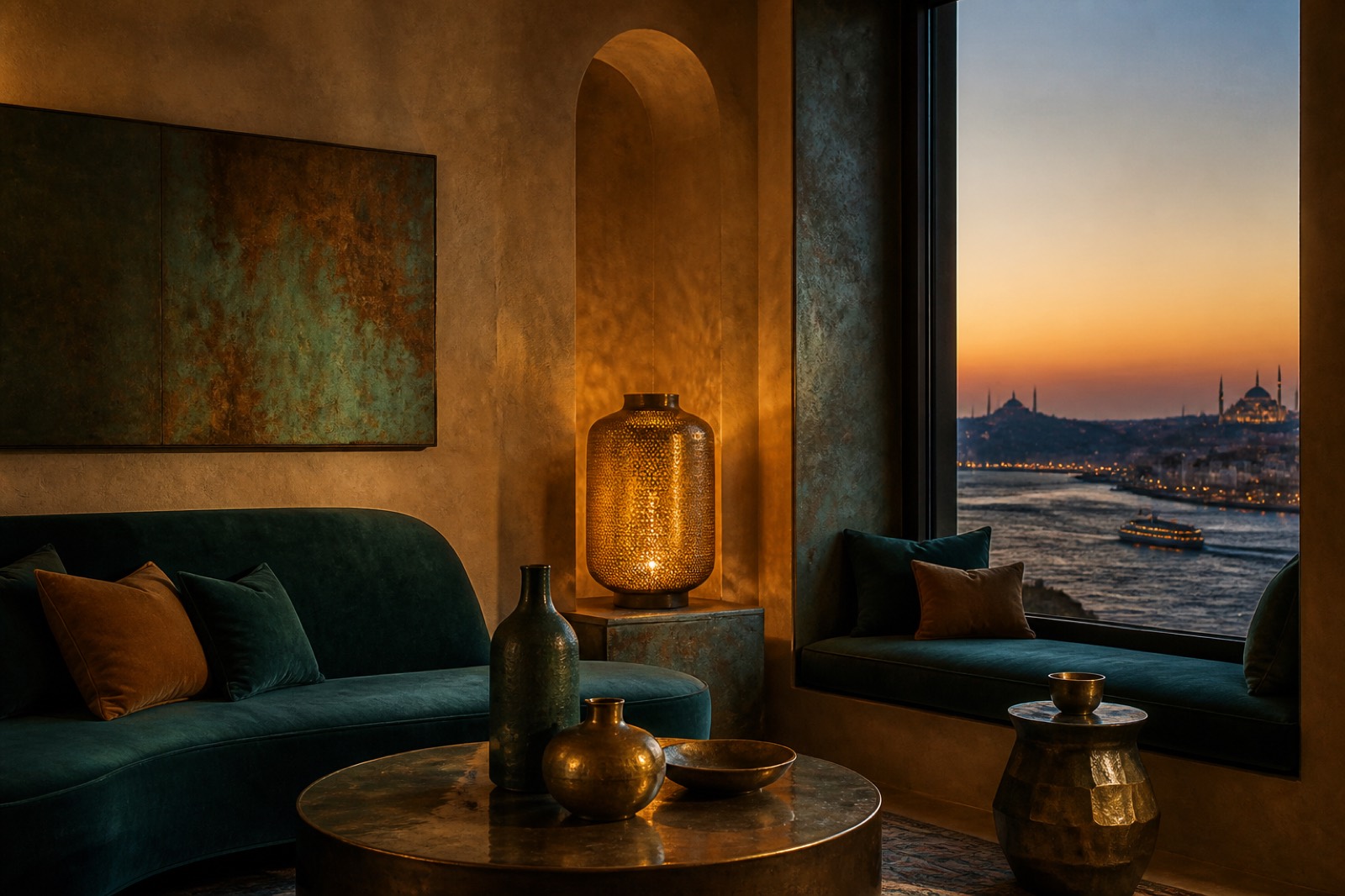 Copper, teal, and plaster interior palette at dusk