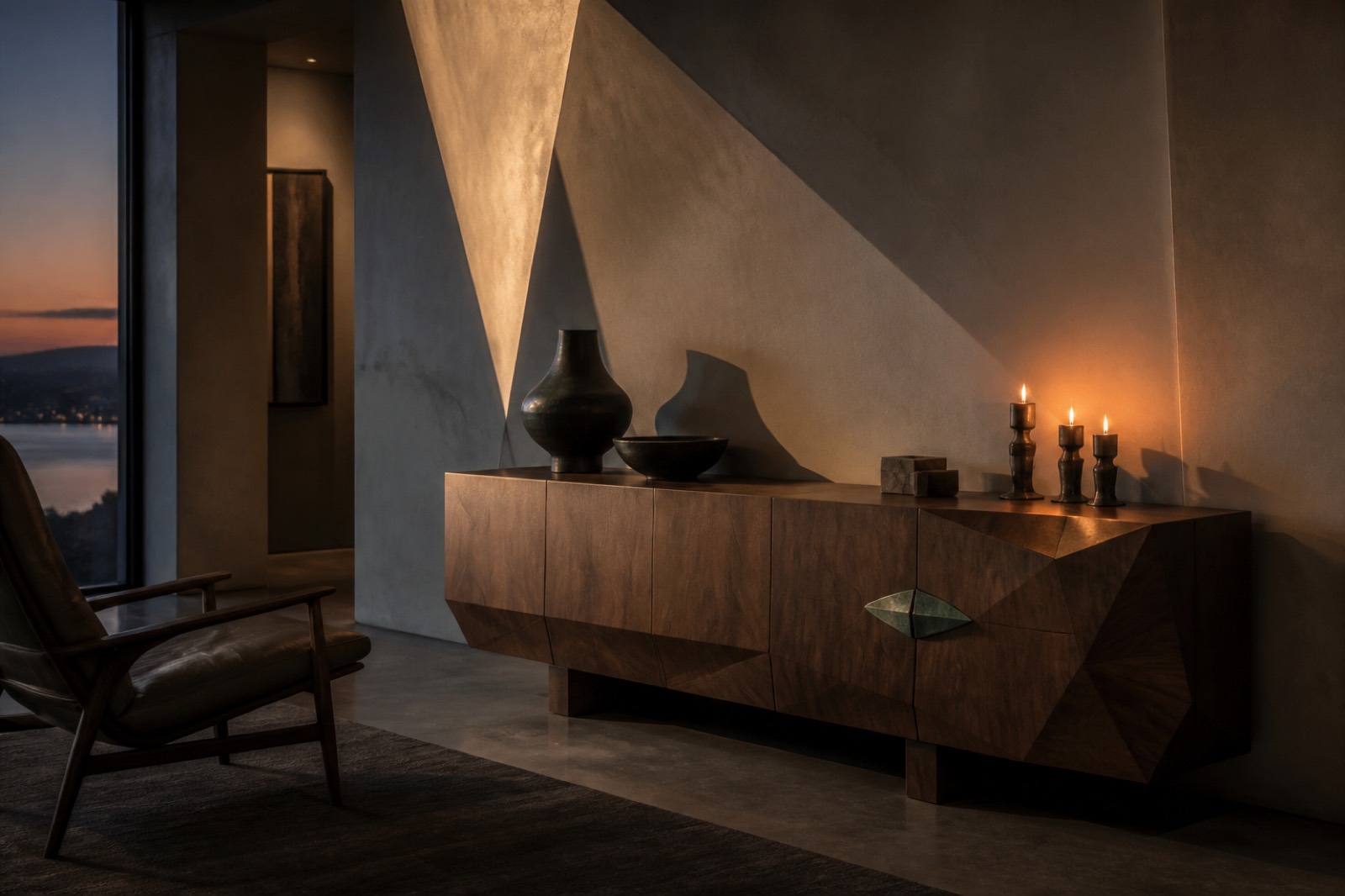 Sculptural walnut furniture against folded plaster