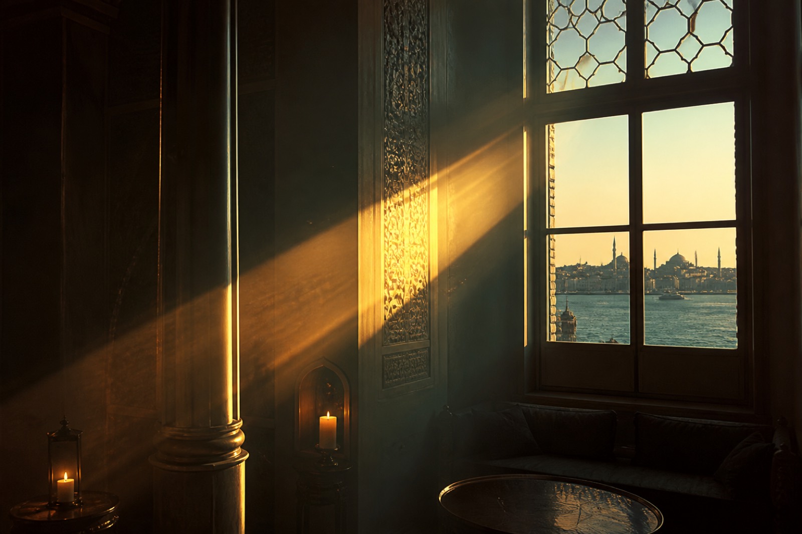 A shaft of dusk light cutting through a dark interior