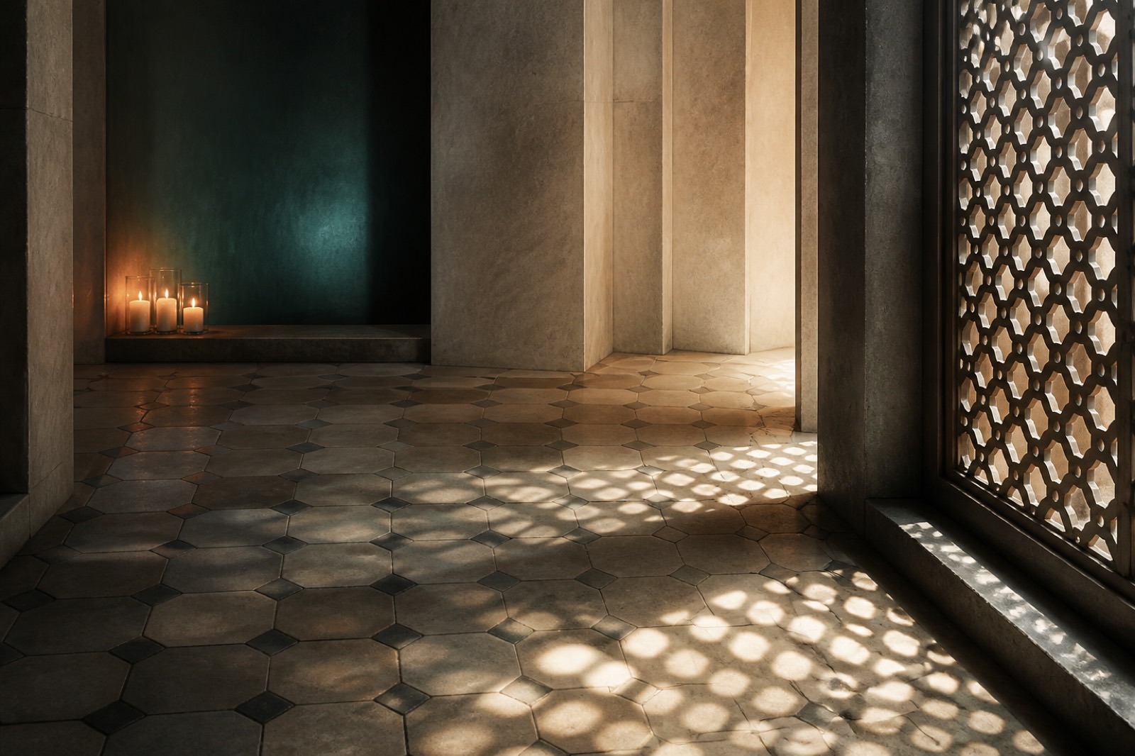 Octagonal stone floor and patterned screen shadows